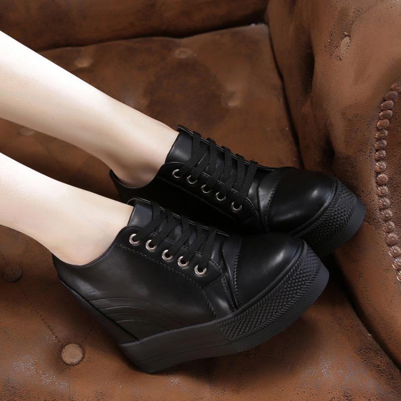 Fashion Women Autumn Leather 11cm Hidden Wedge Sneakers Platform Shoes High Heels Sneakers Female Casual Footwear White Woman Trainers