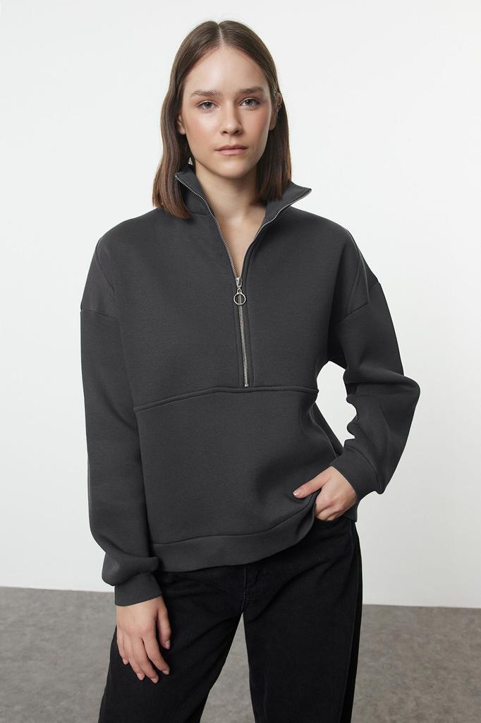 Women's Fashionable Stylish Sweatshirt Black Oversize Wide Fit Half Zipper Thick Inside Fleece Knitted Sweatshirt