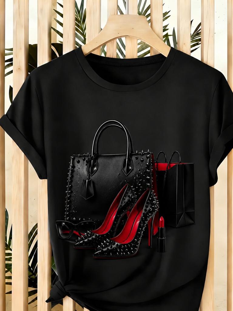 Studded Handbag High Heel Fashion Graphic T-Shirt for Women, Shoe Lover Bag Lover Glam Tee Gift for