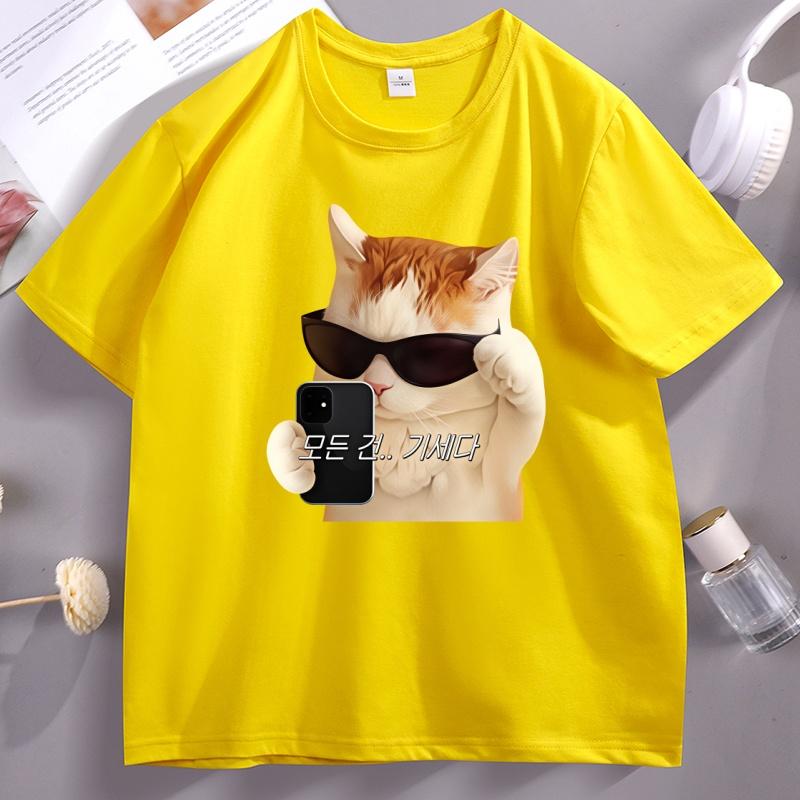 Funnny Cat Selfie T Shirt Korean Letter Print Short Sleeve O Neck Tshirt Casual Round Neck Cotton Tshirt Streetwear Unisex