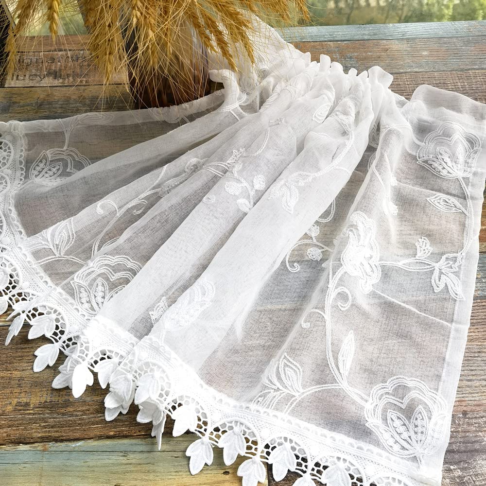 Pureaqu Stylish Floral White Cafe Small Lace Room Half Window Living Coffee 1 Width 200cm X Length 50cm Curtains, Short, Window, Curtains, Partitions,