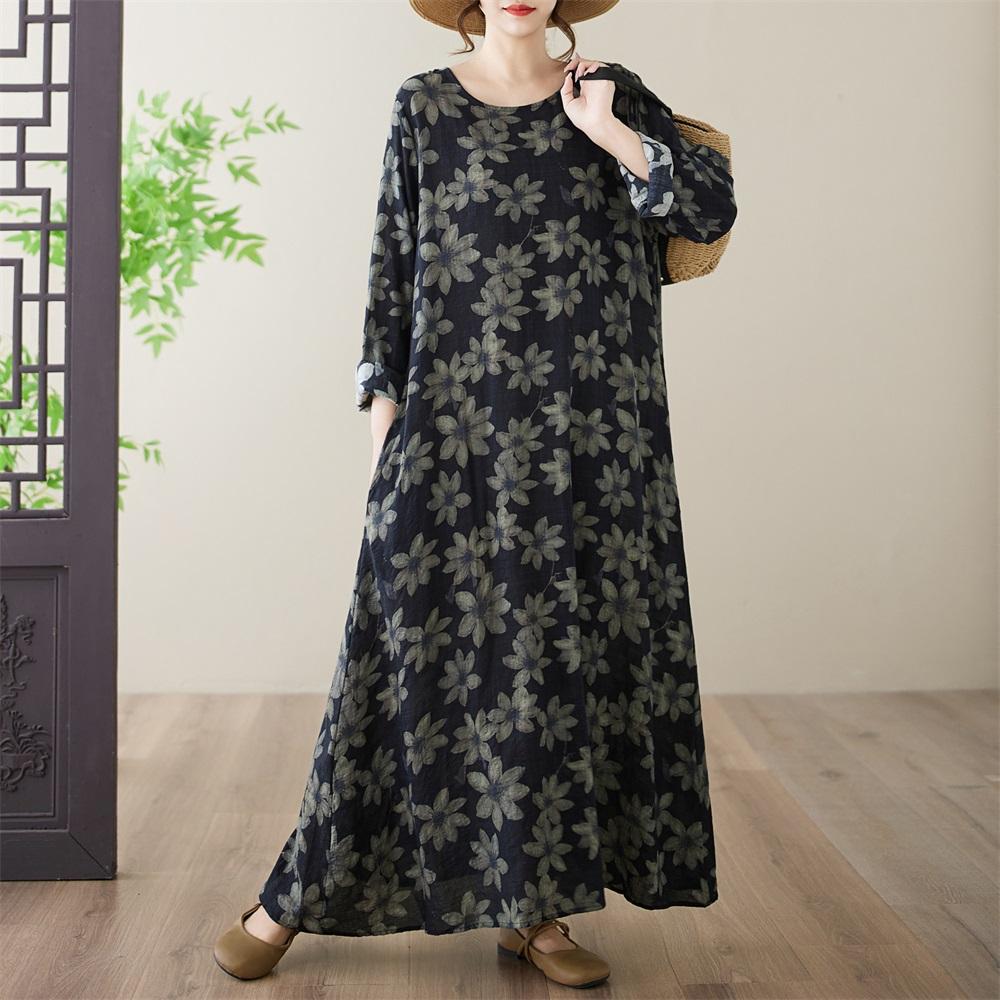 Long Sleeve Plus Size Cotton Vintage Floral New In Dresses for Women Casual Loose Spring Autumn Dress