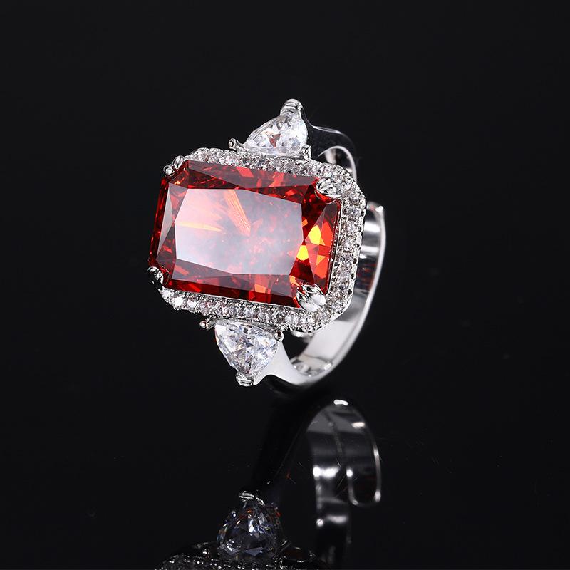 Jewelry Copper Bottom Gold-Plated High Carbon Diamond Ice Flower Square Diamond Copper Inlaid Temperament Light Luxury Rectangular Ring Women 10 * 14