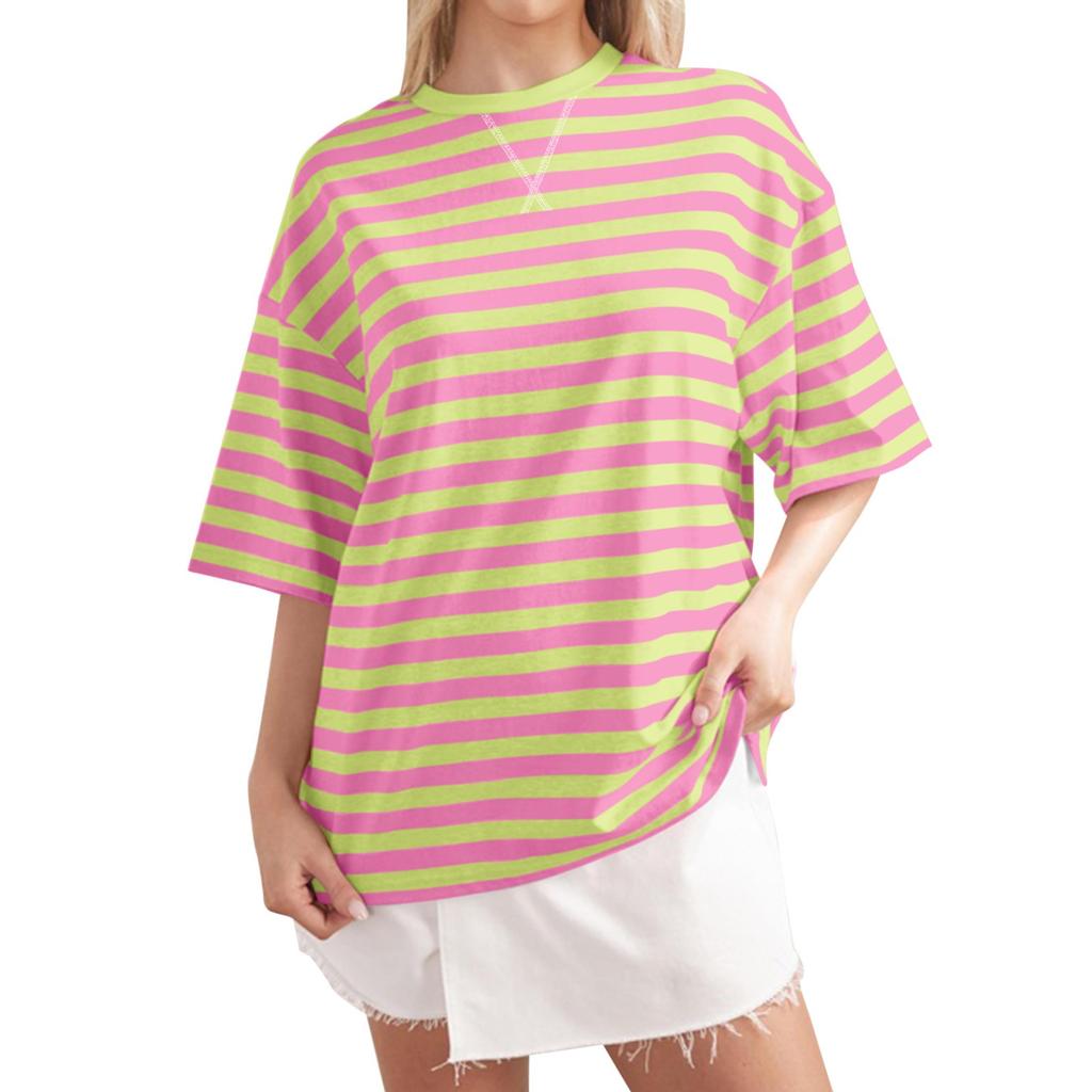Women's Large Striped Color Blocking Short Sleeved Round Neck Sports Shirt Casual Loose Pullover Top