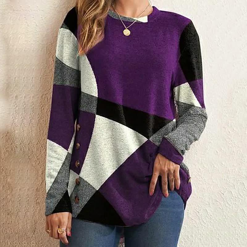 Button Up Geometric Clash Long Sleeve Print Loose T-shirt Women's Top