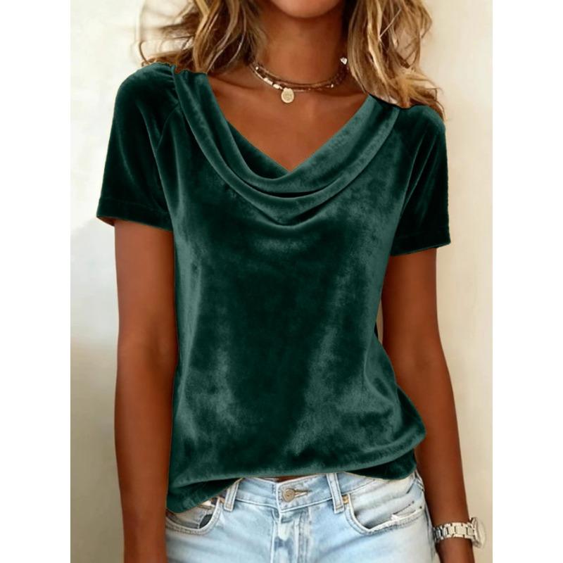Damen Rollkragen Samt Kurzarm Bluse Elegantes Lässiges Oberteil