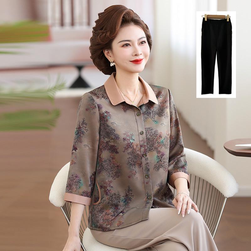 Spring & Summer Seven-Sleeve Imitation Silk Shirt for Middle-Aged & Elderly Women