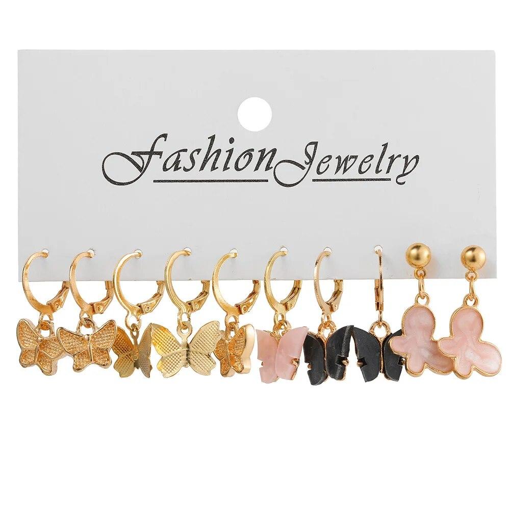 5 Pairs Butterfly Dangle Earring Set For Women Bohemia Colorful Acrylic Geometric Animal Drop Earring Girls Trend Jewelry