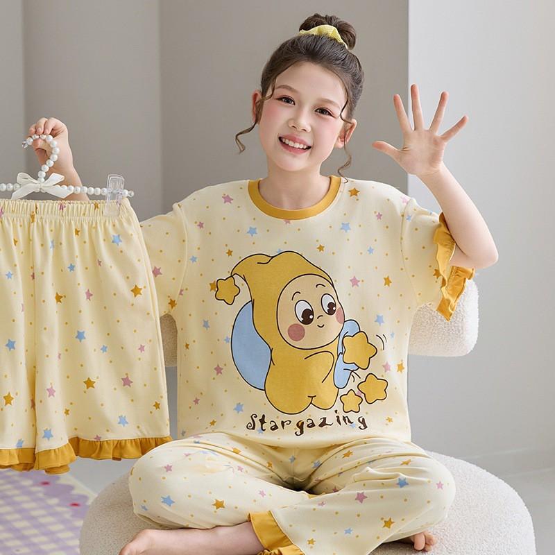 Girls Cotton Pajama Set Short Sleeve Long Pants Cartoon Print Sleepwear Kids Home Wear