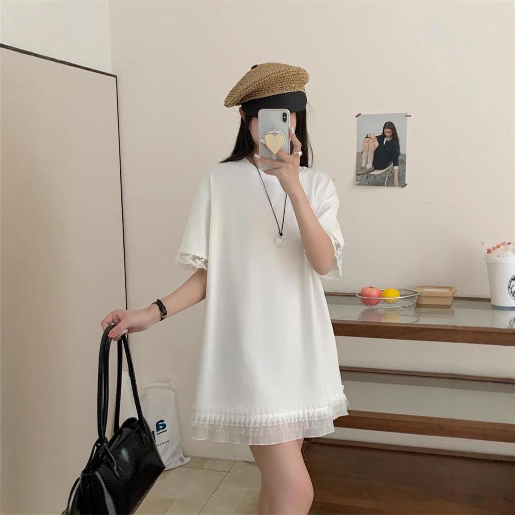 Mid-Length Cotton T-Shirt with Lace Trim – Casual, Loose Fit, Round Neck, Short Sleeve