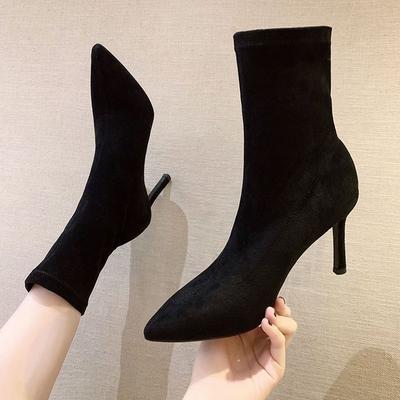 Velvet Thin Heel Black Elastic Sock Boots with Midsole  2026 Autumn and Winter High Heels  Pointed Short Boots for Women