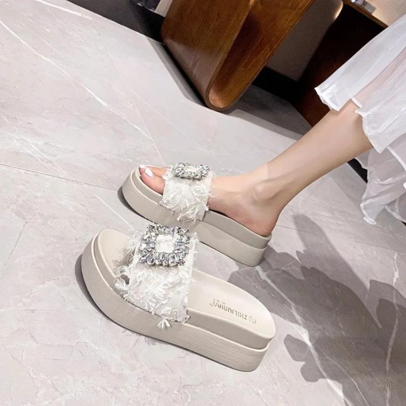 2024 rhinestone crystal buckle slippers women design crystal double flip flops female platform slides sandals big size 40