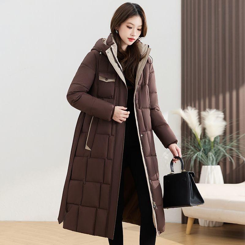 Thickened Winter Hooded Long Padded Jacket Slim Waist Design Warm Coat for Ladies