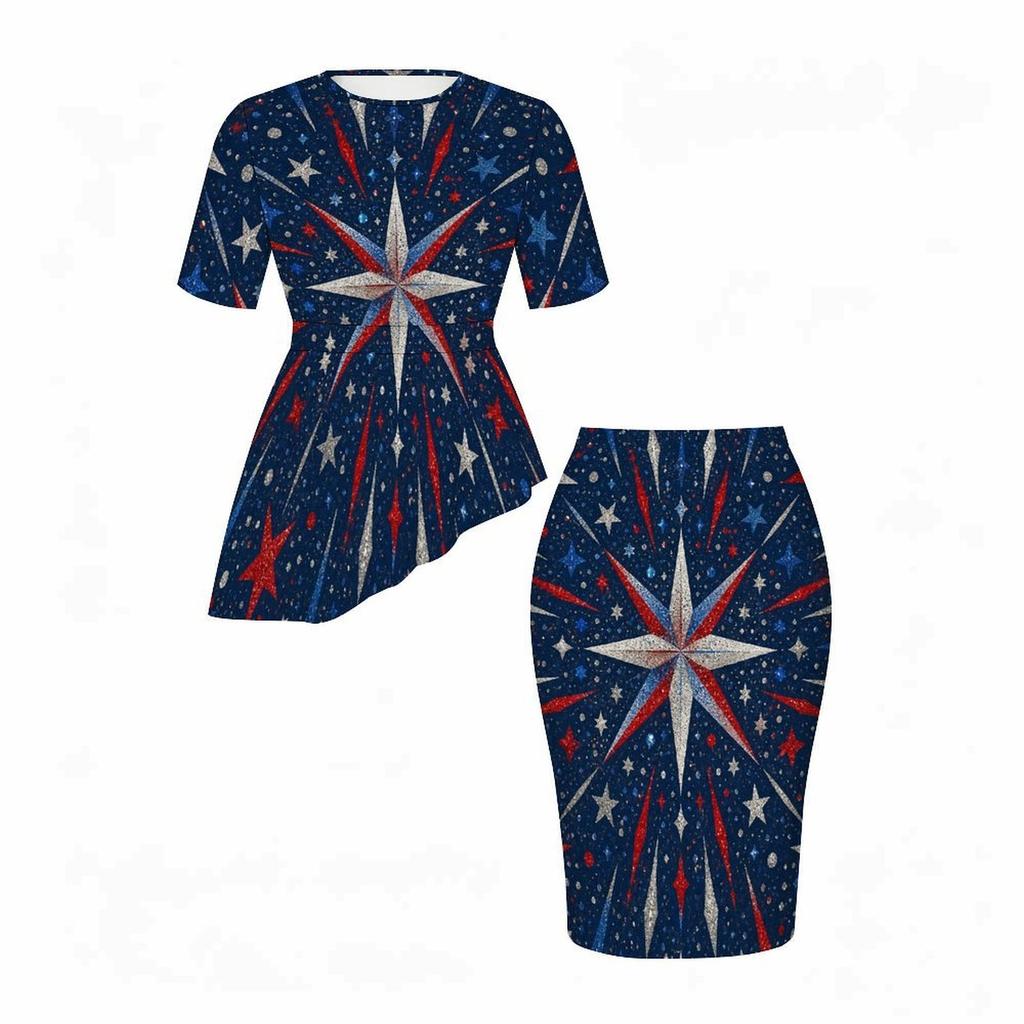 Women Plus Size White Star Printed Round Neck Short Sleeve Two Piece Set Asymmetric Top Pencil Skirt
