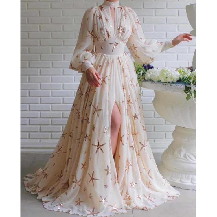 Elegantní šik dámské párty šaty Štíhlý pas Šifonové maxi dlouhé šaty s vysokým rozparkem a flitrovým detailním designem Formální oděv