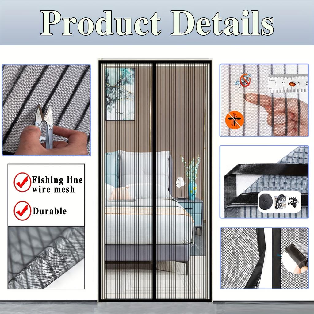 Heavy Duty Magnetic Screen Door Mesh Curtain Mosquito Net Bug Hands Free Partition Mute Striped Door Curtain Bedroom Ventilation