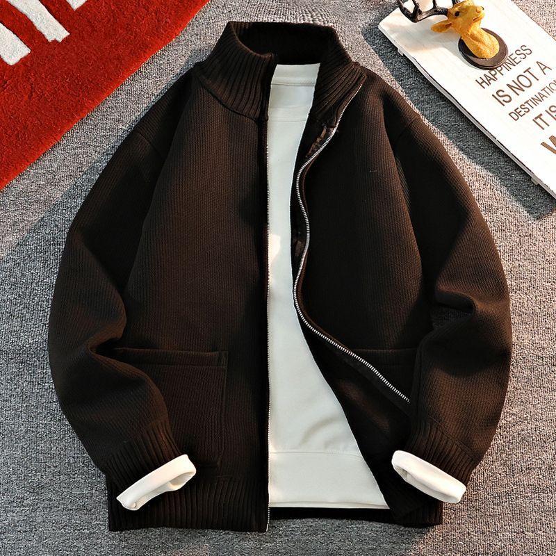 Men's Stand Collar Knitted Cardigan: Autumn/Winter Style, Trendy Youth, Velvet-Lined, Thick Sweater Coat.