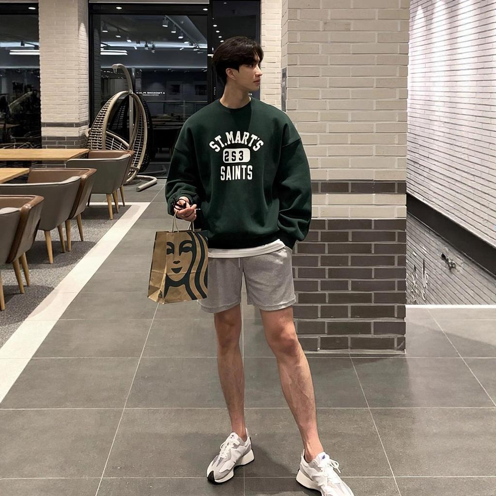 Mäns mörkgröna crewneck sweatshirt med bokstavstryck - Höst Casual lös pullover