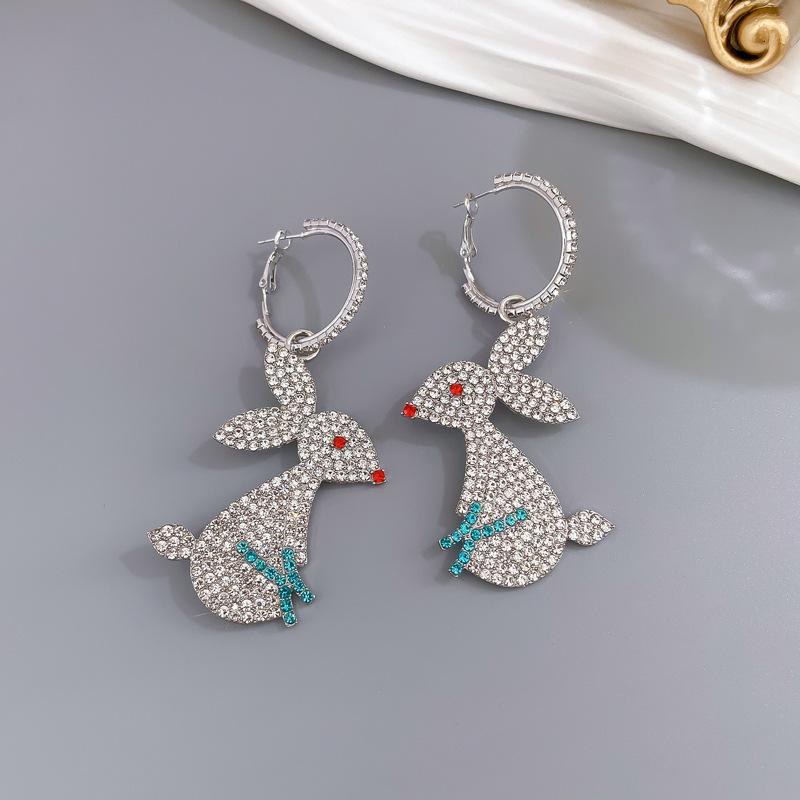 Hip Hop Punk Rabbit Bunny Dangle Drop Earring Clip  Full Zircon Jewelry Women Prevent Allergy