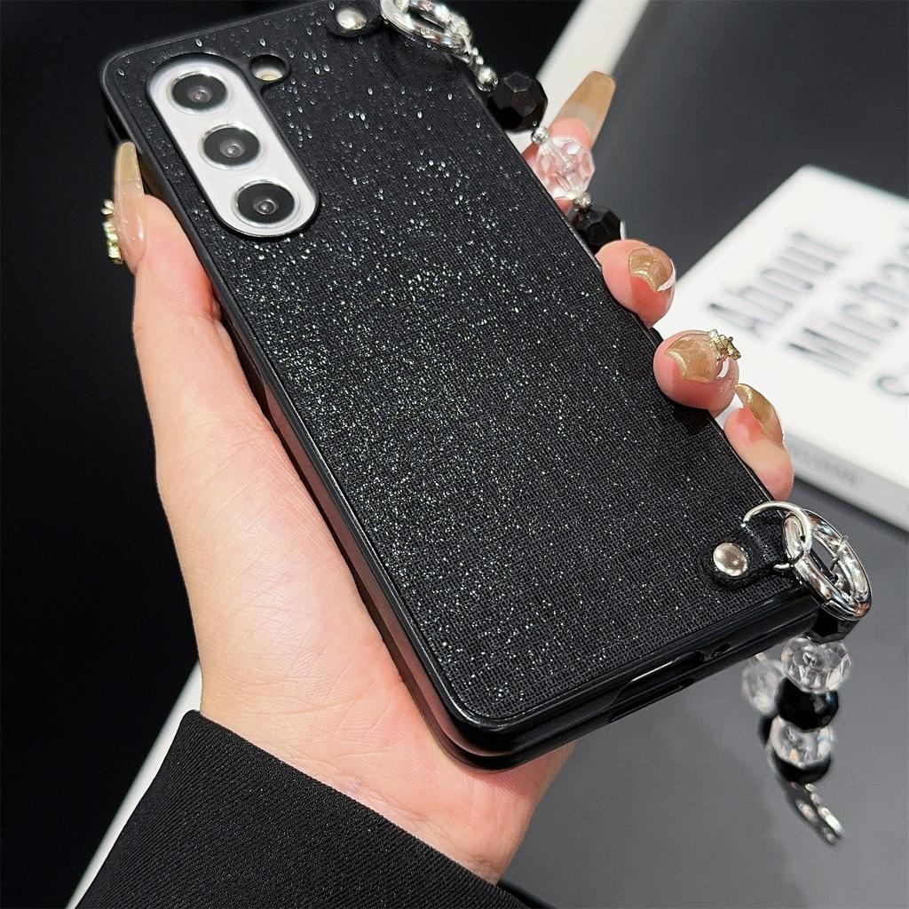 For Samsung Galaxy Z Fold6 5G Case Glitter Finish Leather+PC Phone Cover with Beaded Strap
