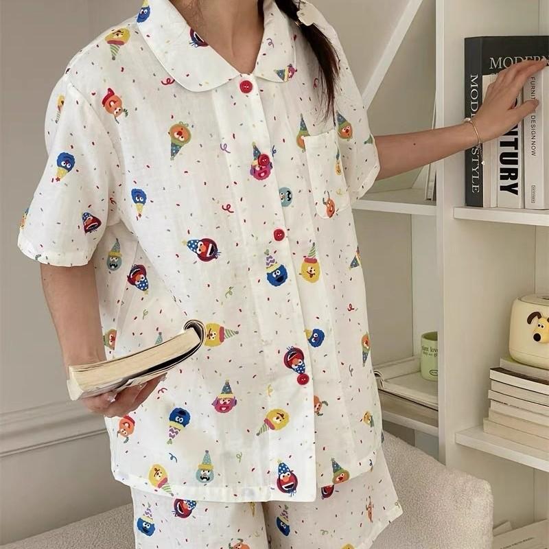 Sweet Full Print Sesame Street Pajamas Women's Summer Short-sleeved Shorts Cardigan Lapel Set Soft Cute Loungewear Two-piece Set