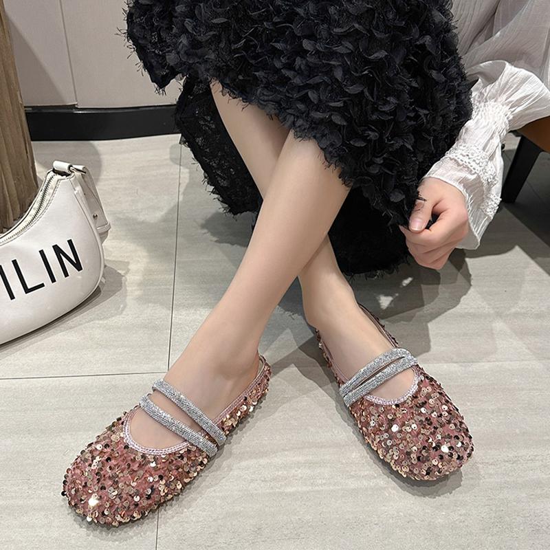 Fashion Glitter Slides Shoes Woman 2024 Slippers Flat Low Female Mule Pantofle Cover Toe Jelly Mules New PU Bling Crystal Rubber Rome Ho