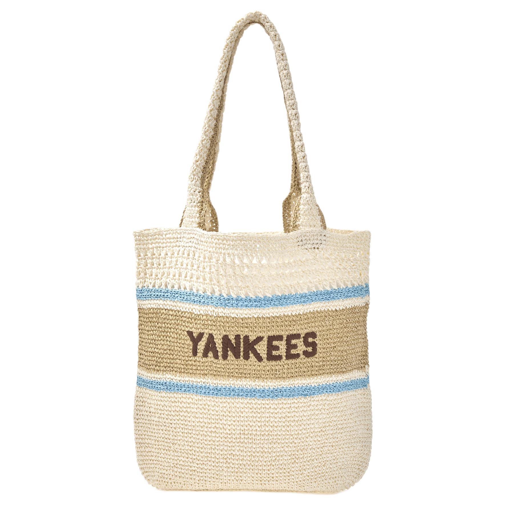 MLB New York Yankees 25SS Cellulose Tote Bag Large Women bags Natural Blue Brown 3AORR0153-50IVS Natural Blue Brown