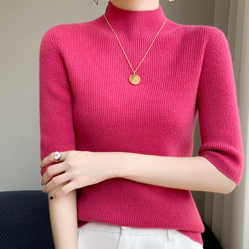 Women's Slim Fit Half-High Neck Five-Sleeve Base Layer Sweater for Spring and Autumn