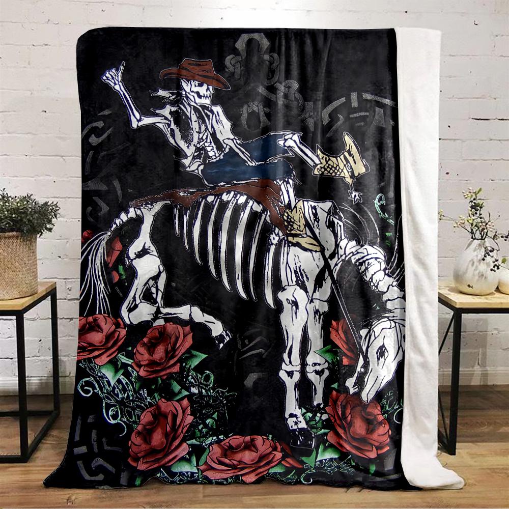 Skeleton Cowboy Riding Horse with Red Roses Flannel blanket for bedroom, living room, sofa, and nap sofas