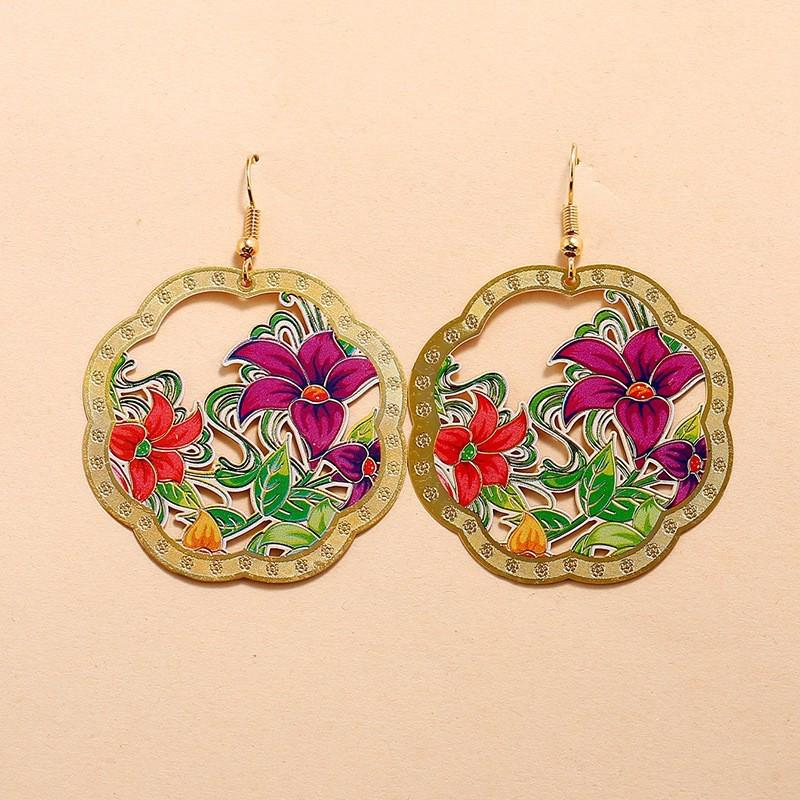 Retro Ethnic Geometric Flower Dangle Earrings with Colorful Enamel