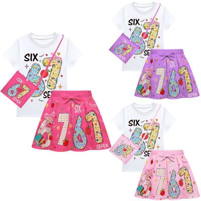 Niñas Roban un Brainrot 67 Conjuntos de Estampado Camiseta de Manga Corta Falda Bolso Conjunto de Ropa
