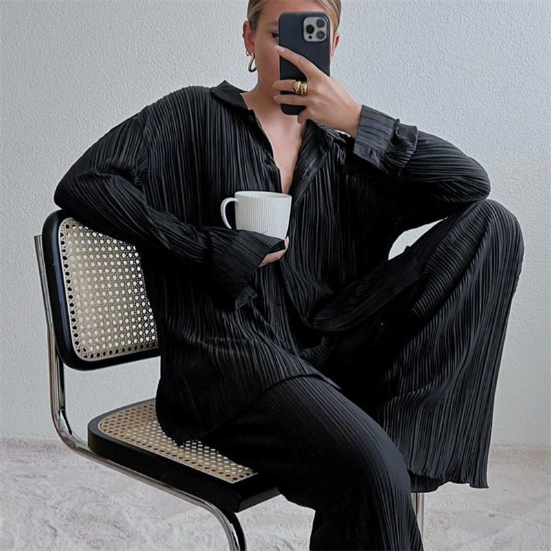 Casual High Wasit Pleated Pants Set Women Autumn Long Sleeve Blouses Matching Wide Trousers Suit Green Pleated 2 Piece Pant Sets