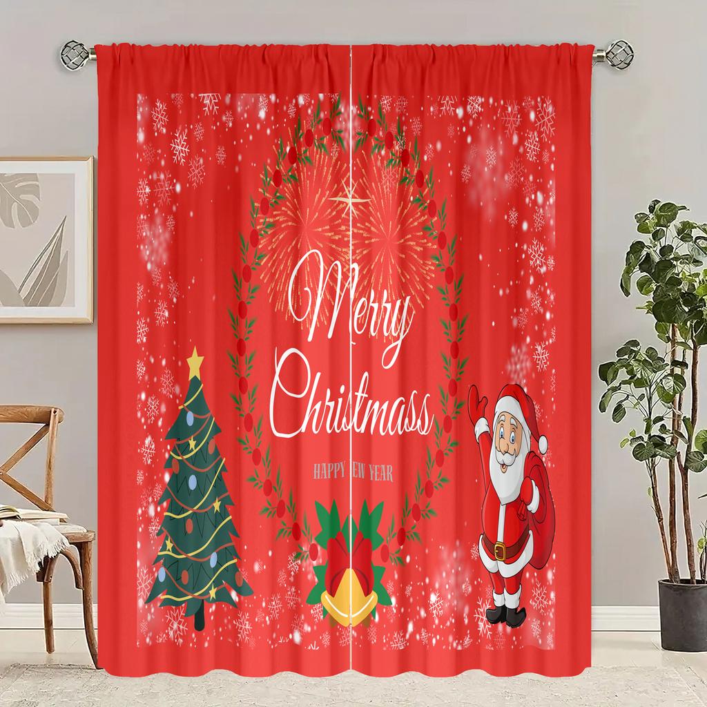 Christmas Decorated Tree Print Curtains Polyester Material Suitable Bedroom Living Room Study Curtain Set Of 2 Made Washable Area Ready