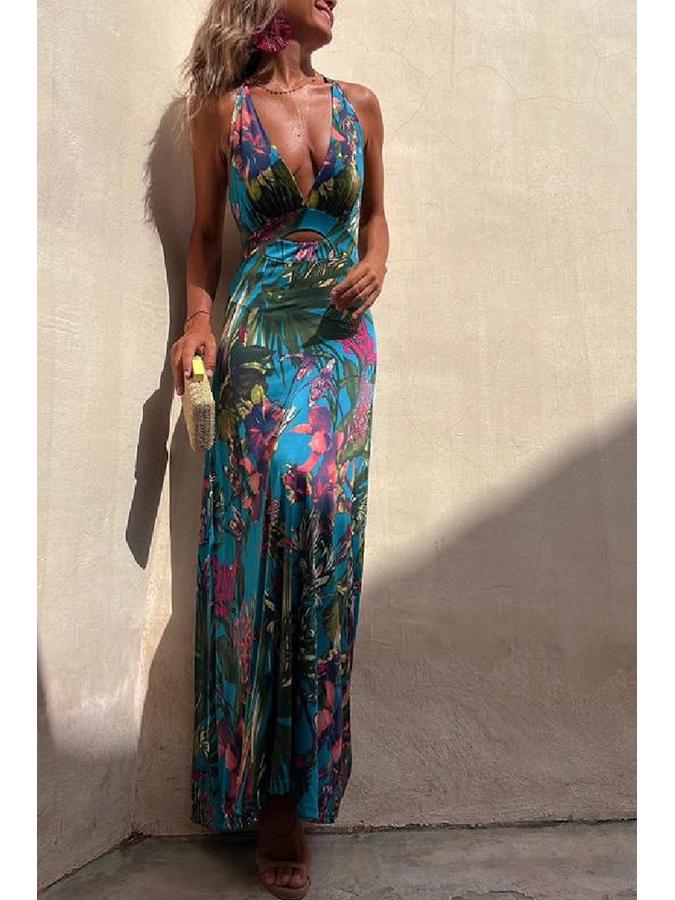 2023 European & American Sexy Print Spaghetti Strap Vacation Dress for Women