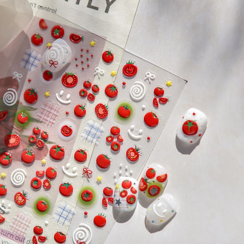 Kawaii Red Jelly Tomato Nail Art Sticker Bowknot Star Cute Summer Fruit 5D Fruit Self Adhesive Nail Art Decals For Summer Diy