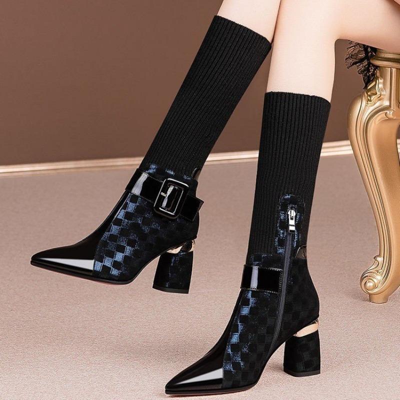Knitting High Heels Ankle Chelsea Boots Women Sexy Pointed Toe Shoes Winter 2024 New Designer Party Chunky Zip Botas Pumps Mujer