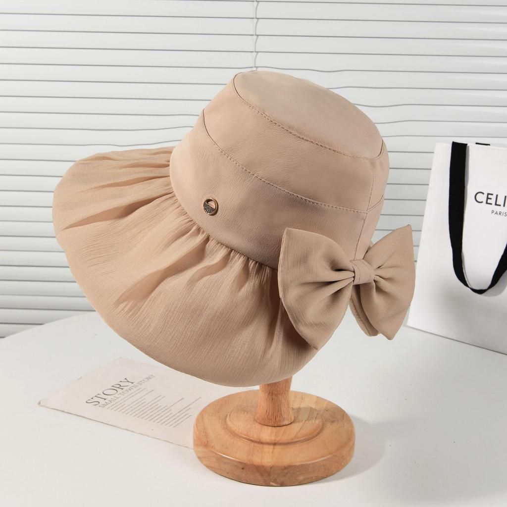 New big brim sun hat women's summer Korean version sun protection bucket hat casual versatile sun hat peach heart bow