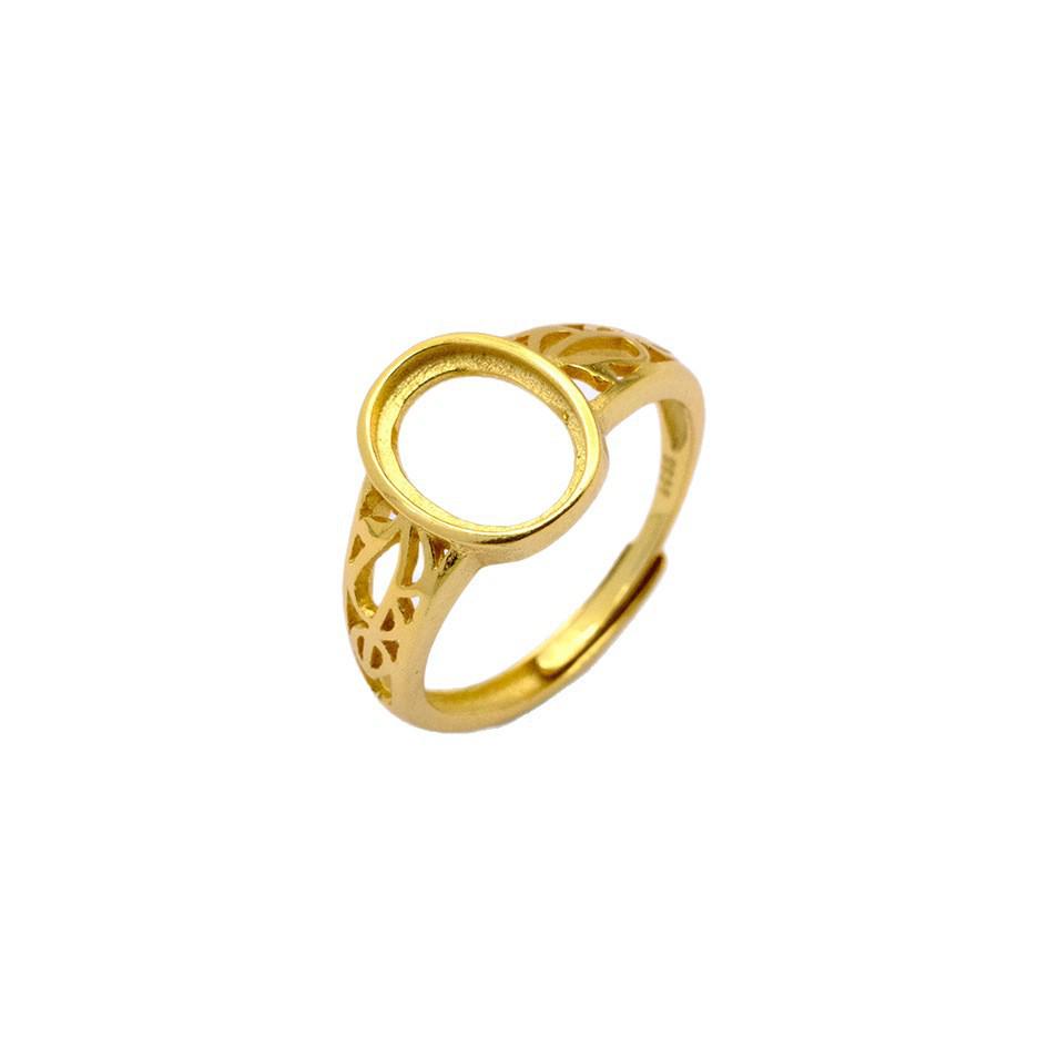 Gold-Plated S925 Sterling Silver Oval Open Ring with Filigree Design and Pave Setting