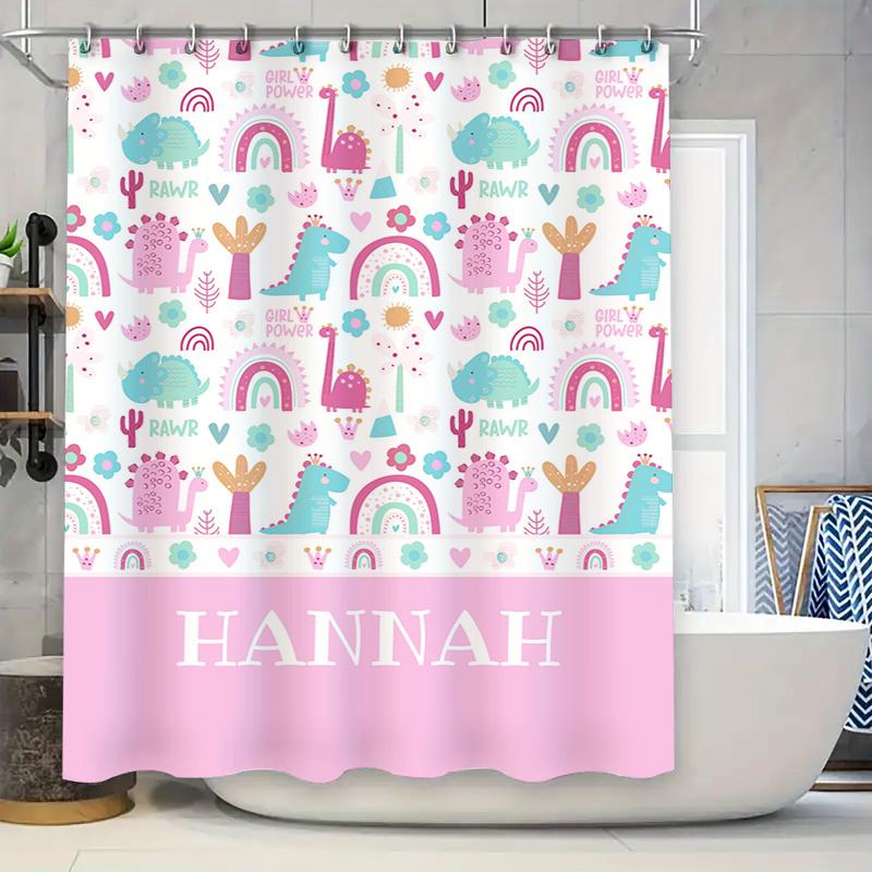 

Unicorn Dinosaur Shower Curtain For Kids Bathroom Decor Girls Pink Rainbow Colors Custom Name Print Waterproof Fabr W60H190(CM)-1 Pcs