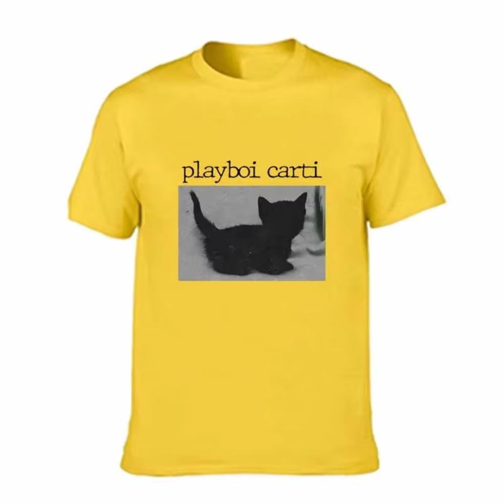 Summer Playboi Carti Oversized Hip-Hop T Shirts Cute Cat Harajuku Print Tee Regular Mens Tops Quality Rapper T Shirt Jogging Tee