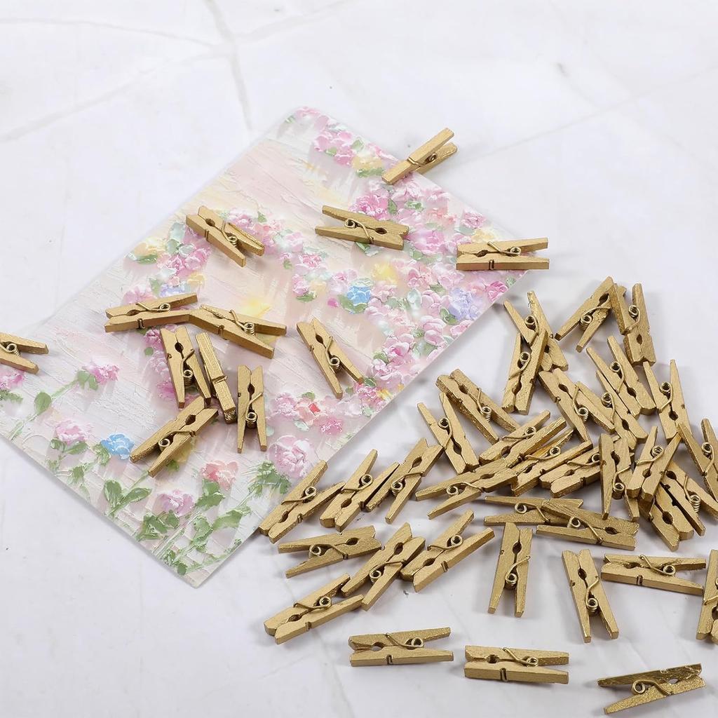 100PCS Mini Wooden Clothesp for Photos 1In Gold Mini Clothes P for Crafts Natural Texture Clips Small Clothes Pin Tiny Decorative Clothesp for Baby