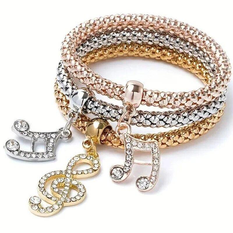3 PCS Set Heart Lock Key Music Sign Charm Bracelet Owl Rose Gold Plating Copper Color Chain Owm Charm Bangle Jewelry Set