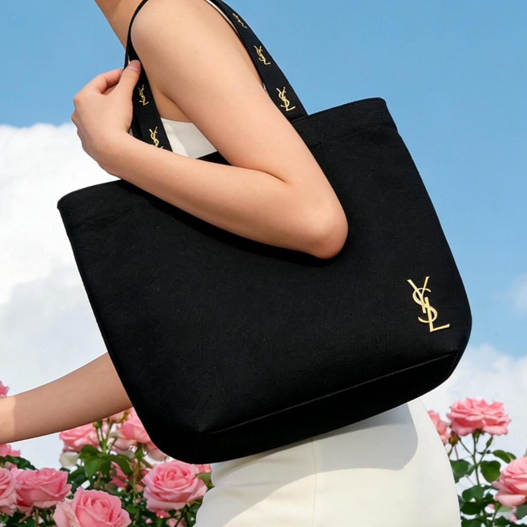 YSL Women's Canvas Shoulder Shopping Bag-Yves Saint Laurent-Environmentally Friendly Shopping Black Letter Print Tote