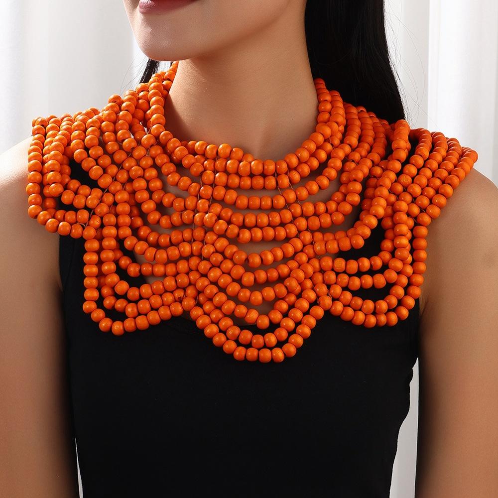 

Bohemian Handmade Wooden Beads Woven Bib Necklace Statement Jewelry Women s Vacation Party Accessories помаранчевий