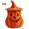 Rustic Fall Aesthetic Halloween Pumpkin Lantern Tabletop Decor, Woven Witch Hat Candy Bowl & LED Gothic Home Decor Prop, Centerpiece for Shelf Mantel