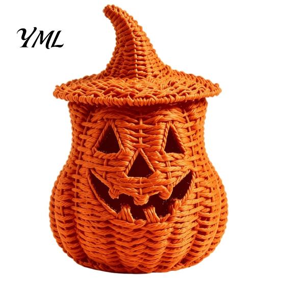 Rustic Fall Aesthetic Halloween Pumpkin Lantern Tabletop Decor, Woven Witch Hat Candy Bowl & LED Gothic Home Decor Prop, Centerpiece for Shelf Mantel