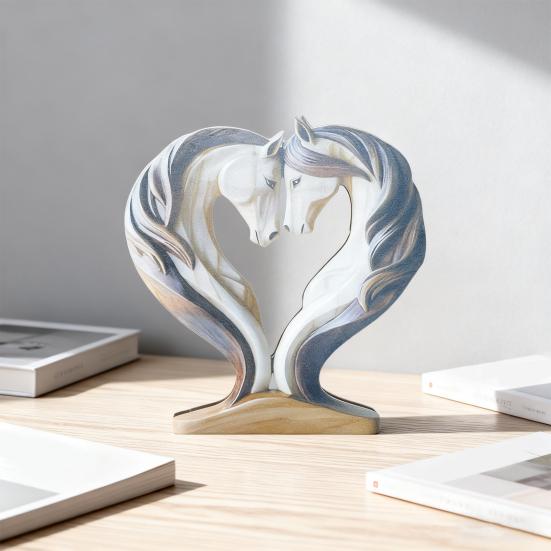 Wooden Horse Ornament Handcrafted Farmhouse Rustic Love Heart Double Horse Figurine Statue Sculpture Home Office Desktop Decoration Ornament