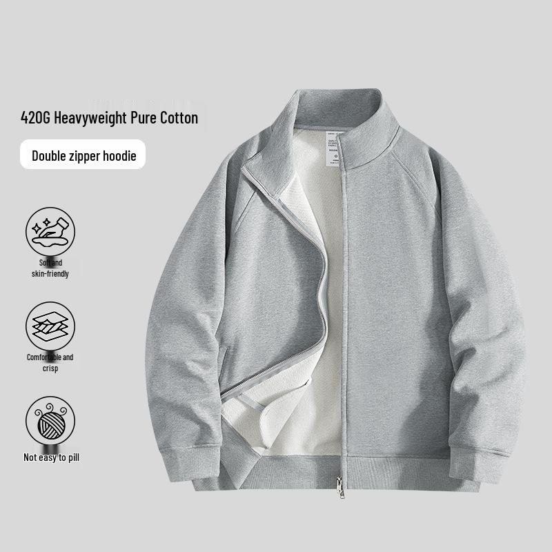 Men's 420g Heavyweight Stand-up Collar Zipper Hoodie - Gray, Spring/Autumn, Loose Fit, Versatile Cardigan.