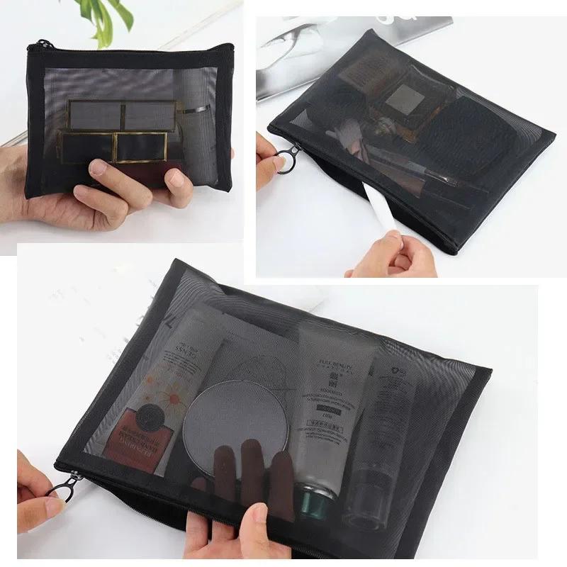 1PCS Women Large Cosmetic Bag Transparent Mesh Zipper Organizer Fashion Girl Black Toiletry Bags Makeup Organizer Pouch Case