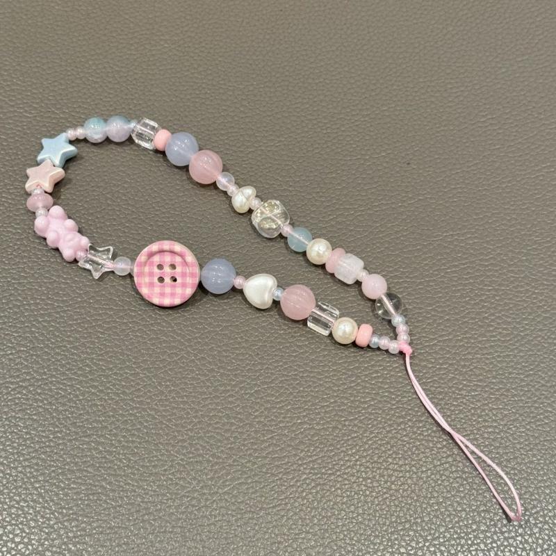 3D Button Beaded Phone Chain Charm Lanyard Korean Sweet Cute Aesthetic Decor Strap for Backpack Key Student Daily Use